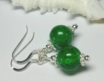 Short green crackle glass bead earrings, 925 sterling silver jewellery, Australian handmade, Gift for friend