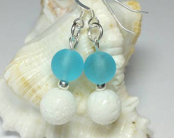 White coral and sea glass bead earrings, Beach jewellery, 925 sterling silver / 14k gold filled, Australian handmade, Birthday present