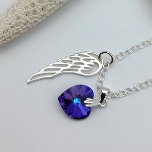 Angel wing necklace, Blue crystal heart necklace, Gift for girlfriend, 925 Sterling silver, Australian jewellery, Birthday gift for daughter