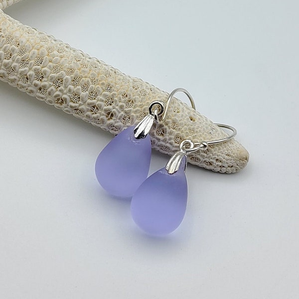 Periwinkle purple sea glass teardrop earrings, 925 Sterling silver, Gift for her, Beach jewellery, Australian made, Seaglass earrings