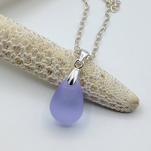Periwinkle Sea Glass Teardrop Necklace: Sterling Silver, Minimalist