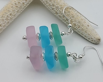 Pastel sea glass bead earrings, 925 Sterling silver / 14K Gold Filled, Australian made, Beach jewellery, Blue green pink earrings