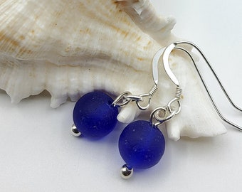 Minimalist royal  blue sea glass earrings, 925 Sterling silver, Seaglass jewellery, Gift for her, Australian made