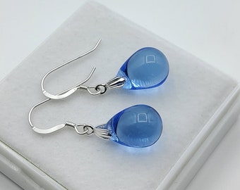 Light sapphire blue czech glass teardrop earrings, 925 sterling silver, Gift for mum, Australian jewellery, Birthday gift for women