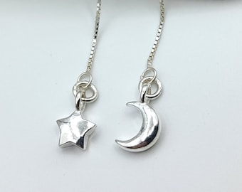 Mismatched crescent moon and star ear threaders, Sterling silver dangle chain earrings, Minimalist, Australian made jewellery, Lightweight