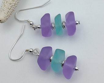 Statement purple and green sea glass earrings, Gift for her,  925 Sterling silver / 14K Gold Filled jewelry, Glass bead earrings