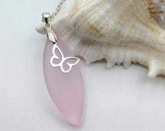 Pink seaglass butterfly necklace, 925 Sterling silver, Beach Jewellery, Gift for friend, Sea glass necklace