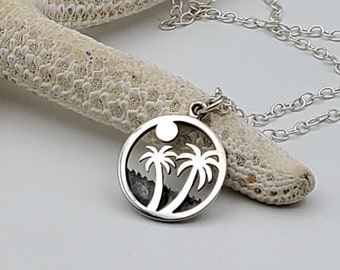 Sterling silver palm tree with moon pendant necklace, Minimalist everyday jewellery
