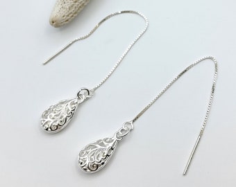 Sterling silver ear threader earrings, Dainty filigree teardrop earrings, Minimalist, Australian made jewellery, Lightweight