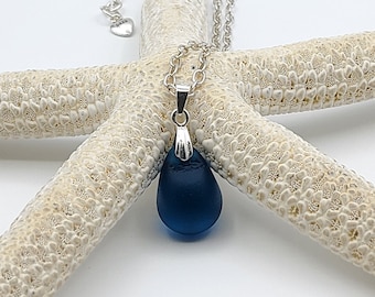 Deep blue sea glass teardrop necklace, Minimalist, Gift for girlfriend, Australian made jewellery, Beach jewelry