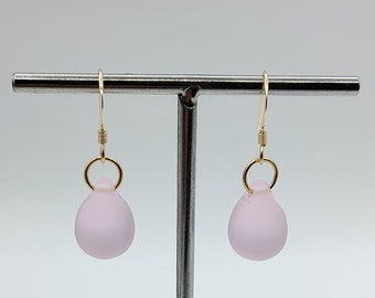 Pink glass teardrop earrings in 14k Gold filled, Gift for women, Beach jewellery, Seaglass earrings