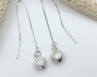 Sterling Silver Puffed Heart Threader Earrings: Lightweight Dainty Jewelry