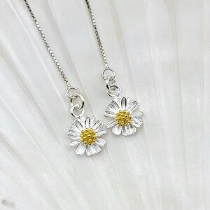 Daisy Flower Ear Threader Earrings: Sterling Silver Dainty Chain