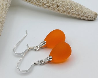 Orange teardrop sea glass earrings in sterling silver, Glass briolette earrings, Gift for her, Beach jewelry, Australian made jewellery