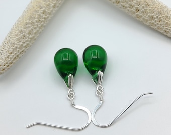 Emerald green czech glass teardrop earrings, 925 Sterling silver, Gift for mum, Australian made jewellery, Short drop earrings