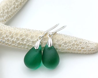 Emerald green teardrop sea glass earrings in 925 sterling silver, Beach jewellery for women