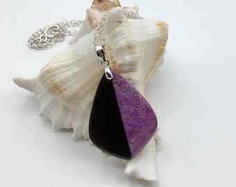 Obsidian and African purple stone intarsia necklace, Gemstone jewellery, 925 sterling silver, Unique gift for women, Australian jewellery