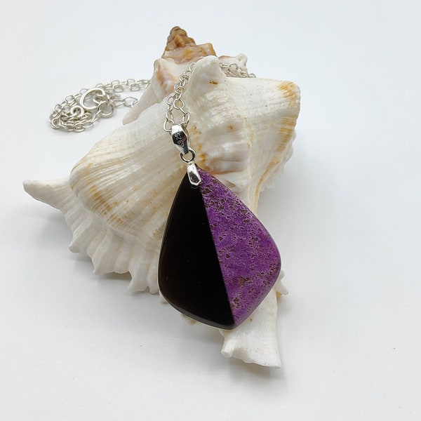 Obsidian and African purple stone intarsia necklace, Gemstone jewellery, 925 sterling silver, Unique gift for women, Australian jewellery