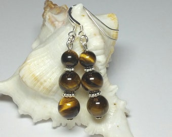 Tigers Eye Bead Earrings: 925 Sterling Silver Gemstone, Handmade