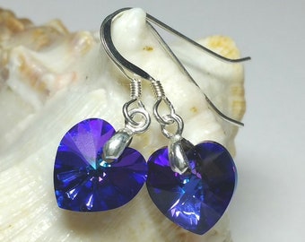 Blue purple crystal heart earrings, Australian made, 925 sterling silver, Gift for friend, Jewellery for women