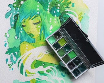 Paleta de acuarela verde Holbein, set de viaje hecho a mano
