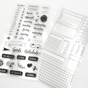 Juego de sellos transparentes para planificador mensual con semanas, fechas y lista de tareas pendientes: perfecto para bullet journals y scrapbooking.