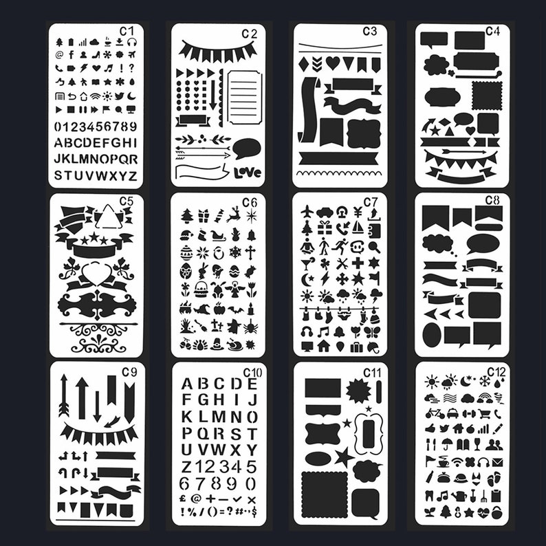 May include: A collection of 12 black plastic stencils for crafts and journaling, featuring diverse designs. Includes letters, numbers, social media icons, banners, speech bubbles, and holiday-themed images. The stencils are arranged in a grid.