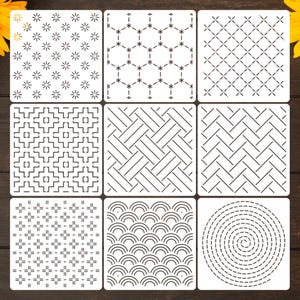 May include: A set of nine square white stencils featuring various black geometric patterns, including starbursts, hexagons, cross-hatching, interlocking squares, diagonal lines, herringbone, dashed grids, concentric semicircles, and a spiral.