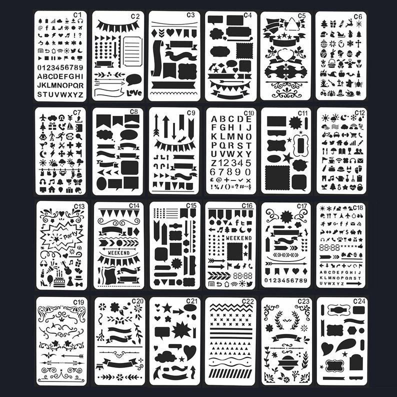 May include: A collection of 24 white plastic stencils featuring diverse designs such as banners, shapes, letters, numbers, and decorative elements. The stencils are arranged in a grid on a black background, suitable for crafting and journaling.