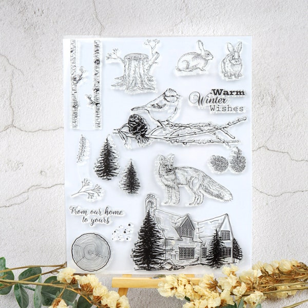 Forest Home Clear Stamp,Animaux Rubber Stamp,Planner Bullet Journal,Nature,Forêt,Pin,Oiseau,Renard,Lapin,Pin Transparent Clear Stamp