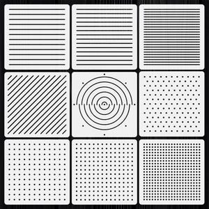 May include: A set of nine square white stencils arranged in a three-by-three grid. Each stencil features a distinct black pattern, including horizontal lines of varying thickness, diagonal lines, concentric circles, and grids of small black dots.