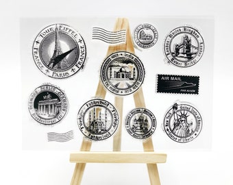 Postmark Rubber Stamp,Postal Clear Transparent Stamp,Travel Landmark  journal stamp,Around the World ,Planner Journal Accessories