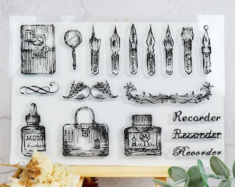 Journal,Writing Tools Stamp,Writer Instruments Stamp,Clear Transparent Stamp,Pen Rubber Stamp,Ink,Planner  Journal,Rubber Stamp