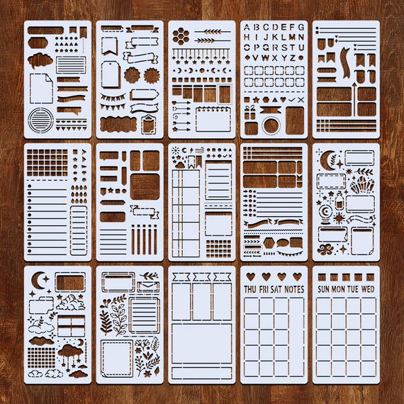 15 pcs Bullet Journal Stencil Set,DIY Journaling Templates for Bullet Journals,Plastic Stencil,Templates for Planning 4x7 inch