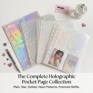 May include: A collection of holographic pocket pages with plain, star, dotted, and heart patterns. The pages are clear with a shimmering effect, and the text reads "The Complete Holographic Pocket Page Collection."