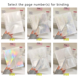 May include: A selection of clear, multi-pocket binder pages with varying glitter and holographic effects. The image includes six different page styles, each labeled with a number from #01 to #06. Text at the top reads "Select the page number(s) for binding."