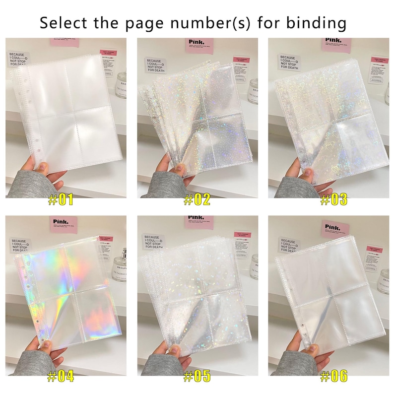 May include: A selection of clear, multi-pocket binder pages with varying glitter and holographic effects. The image includes six different page styles, each labeled with a number from #01 to #06. Text at the top reads "Select the page number(s) for binding."