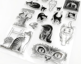 Sellos de gatos, sellos transparentes, juego de sellos transparentes, sello de cabeza de gato, sellos de animales, para crear tarjetas, sellos para agendas y diarios.