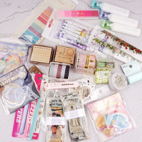 Kawaii mystery stationery Box,Bullet Journal Supplies,Stickers,Pencil Cases,Washi tapes,Memo