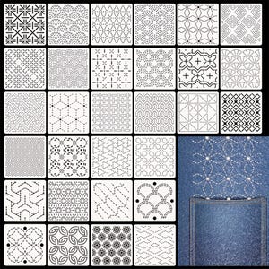 Könnte beinhalten: Eine Sammlung weißer Schablonen mit verschiedenen schwarzen gepunkteten und gestrichelten geometrischen Mustern. Designs umfassen sich wiederholende Formen, Linien und Kurven. Eine Jeans-Tasche mit weißen Nähten ist ebenfalls abgebildet.