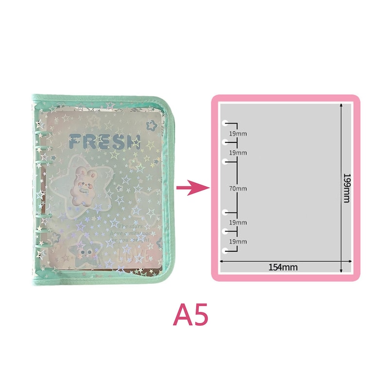 May include: A5 size planner with a mint green cover. The cover features the word "FRESH" and a cartoon bear in a star. The planner is 154mm wide and 199mm tall.