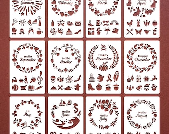 12 pcs Daily,Weekly,Monthly planner Bullet Journal Stencil Set,Monthly Creative DIY Journaling Templates,Plastic Stencil
