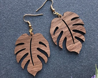 Wood Monstera Leaf Shaped Earrings