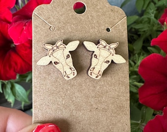 Maple wood post earrings with laser etched cow in bandana design