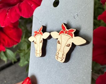Maple wood post earrings with laser etched cow in red bandana design