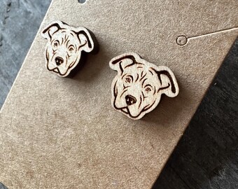 Maple wood post earrings with laser etched pitbull dog design