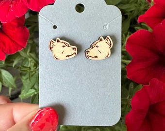 Maple wood post earrings with laser engraved pitbull profile dog design