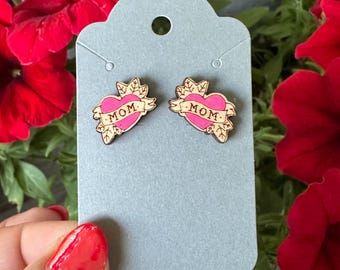 Mom and pink heart tattoo vintage design earrings - hand painted wood studs