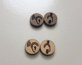 Wood post earrings with laser etched international symbol for Deafness and symbol for hearing