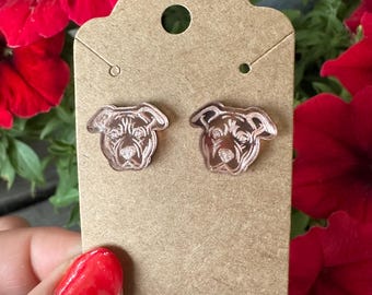 Rose gold acrylic post earrings with laser etched pitbull dog design